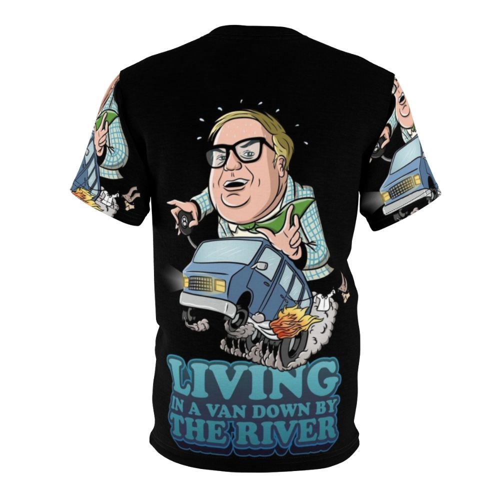 Humorous t-shirt design featuring the iconic "Van Down By The River" sketch from Saturday Night Live with Chris Farley - Back