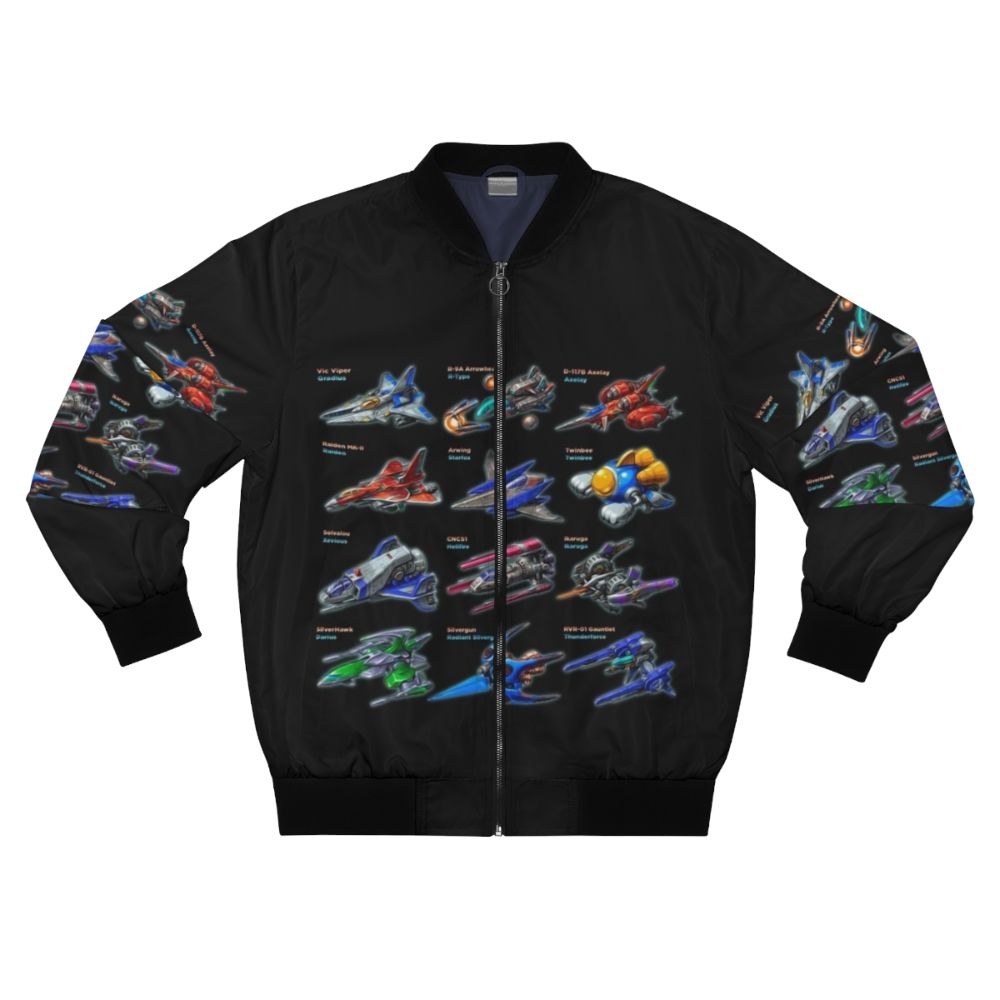 Retro bomber jacket with shmup, arcade, and gaming graphics