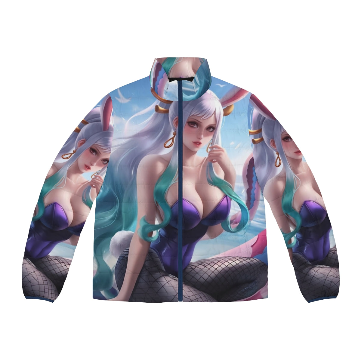 Anime-inspired bunny girl puffer jacket with oni princess design