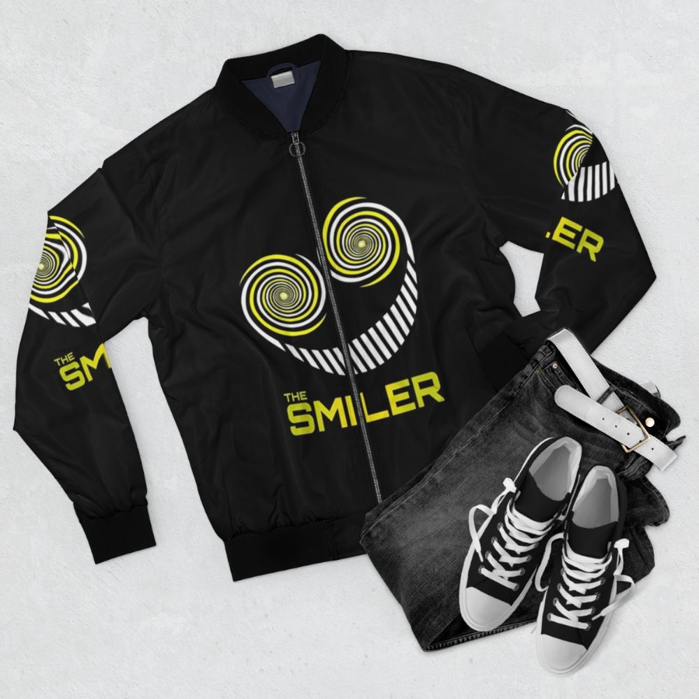 The Smiler Backrooms Bomber Jacket - Backrooms fan art design - Flat lay