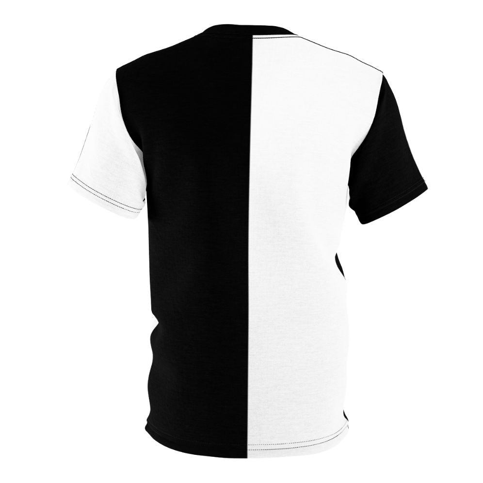 Model wearing a black and white color block graphic t-shirt - Back