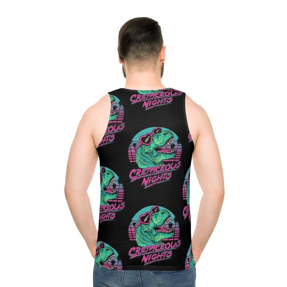 Tyrannosaurus rex dinosaur graphic on a retro-style unisex tank top - men back