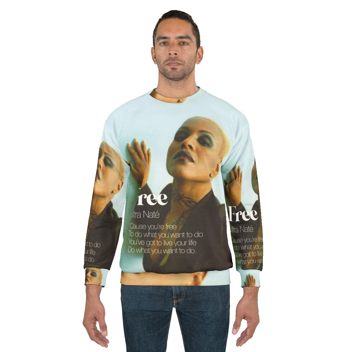 Colorful sweatshirt featuring Ultra Nate's classic house music album cover - men