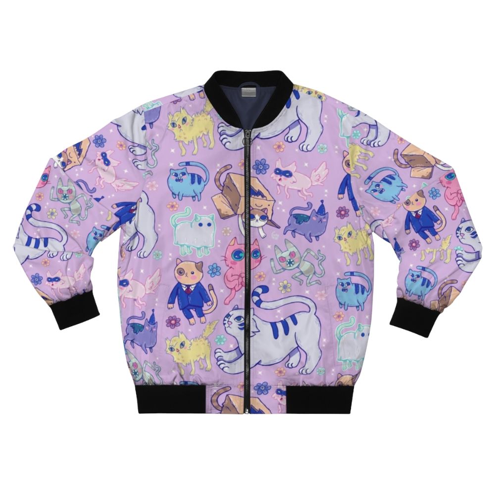 A colorful bomber jacket featuring an adventure time-inspired cat and flower pattern design.