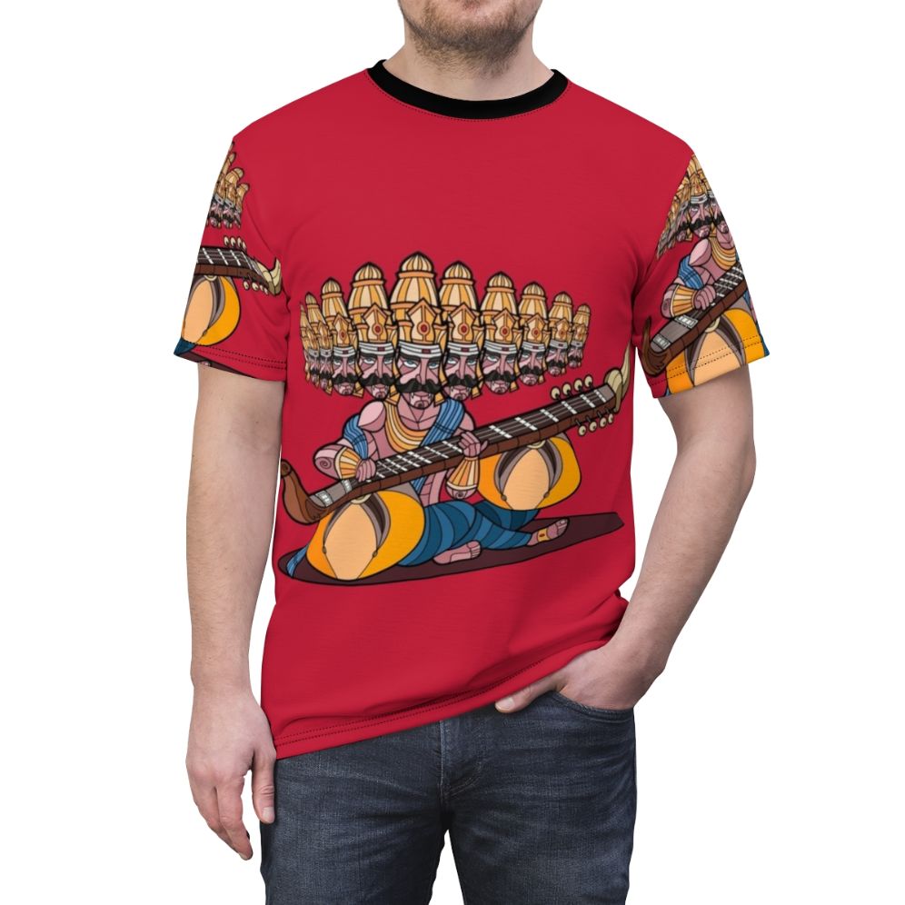 Ravana, the legendary demon king from Hindu mythology, depicted playing the veena, a traditional Indian musical instrument, on an all-over-print t-shirt. - men front