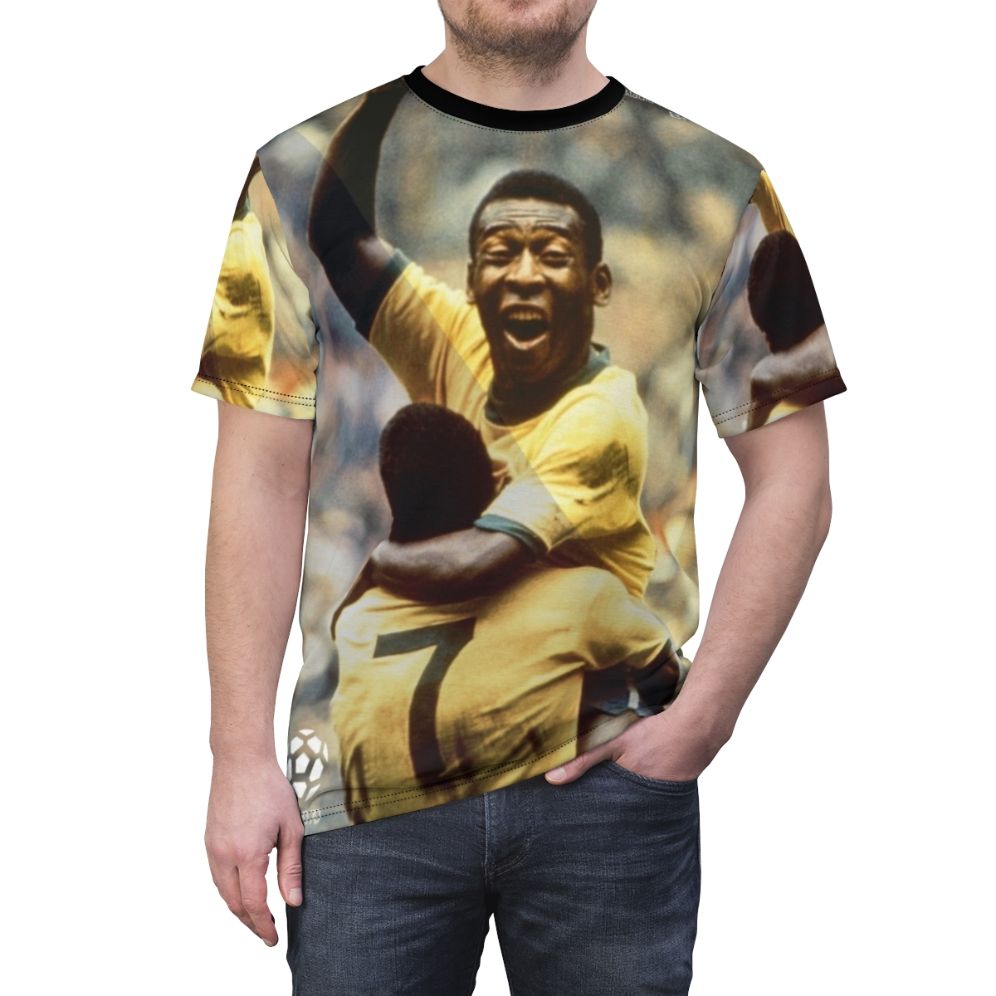 Vintage-style t-shirt design featuring the iconic Brazilian football legend Pele - men front