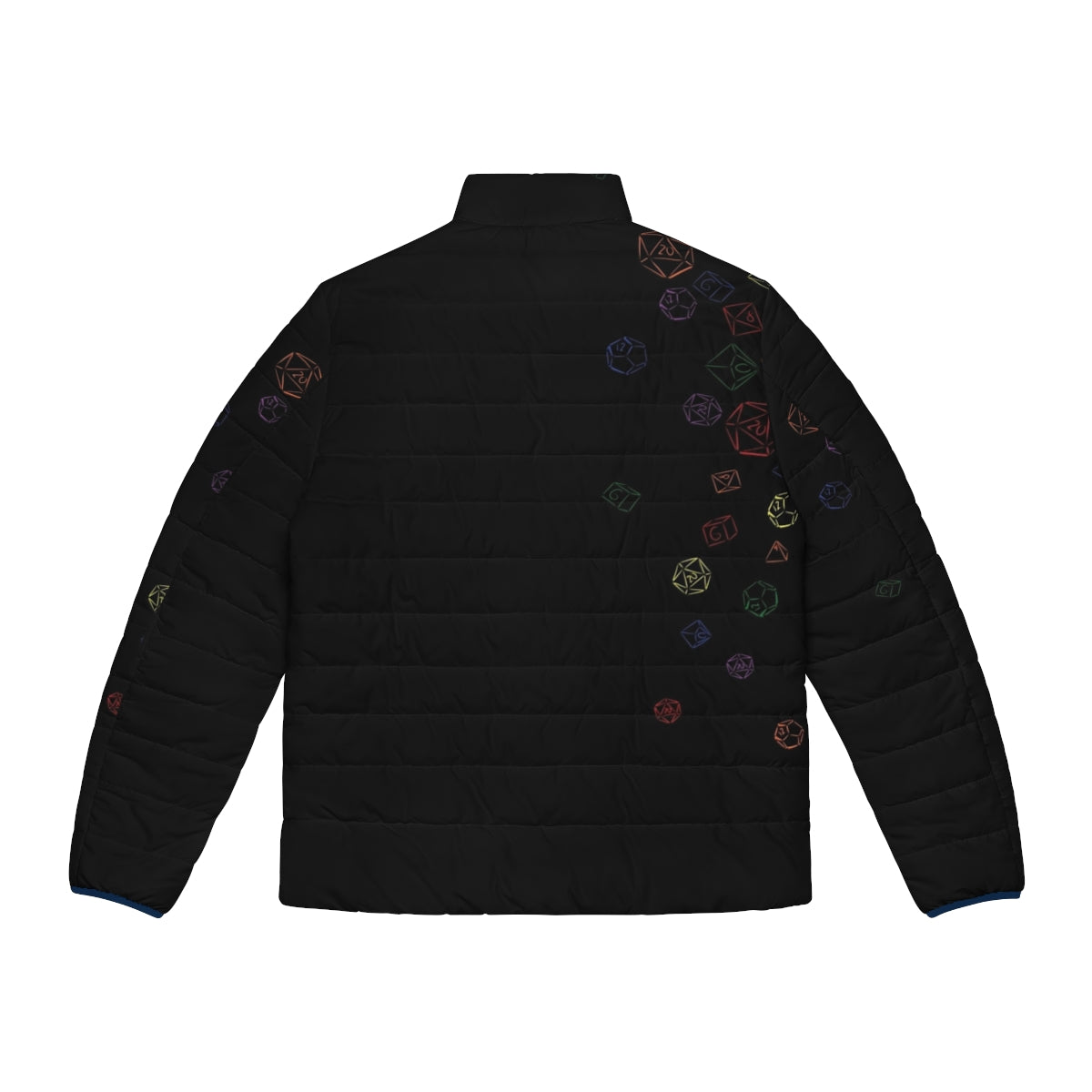 Colorful puffer jacket with cascading dice design, perfect for gaming enthusiasts - Back