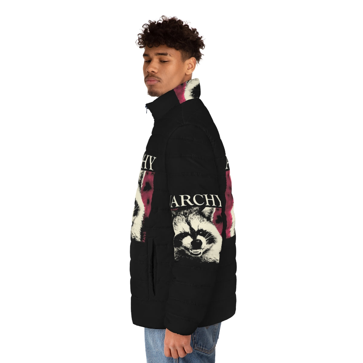 Anarchy Raccoon in a pink puffer jacket, a humorous and trendy design for raccoon lovers - men side left