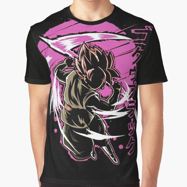 A black and pink graphic t-shirt featuring Goku Black, the villain from Dragon Ball Super.