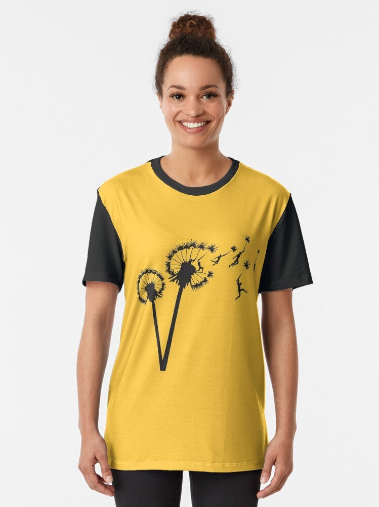 Retro vector illustration of dandelion people flying in a field, with focus on dandelion and flight elements. - Women