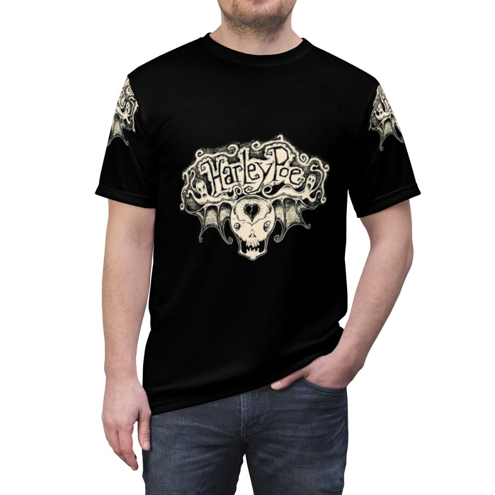 Stylized t-shirt design featuring a scared Harley skull with Poe-inspired wings - men front