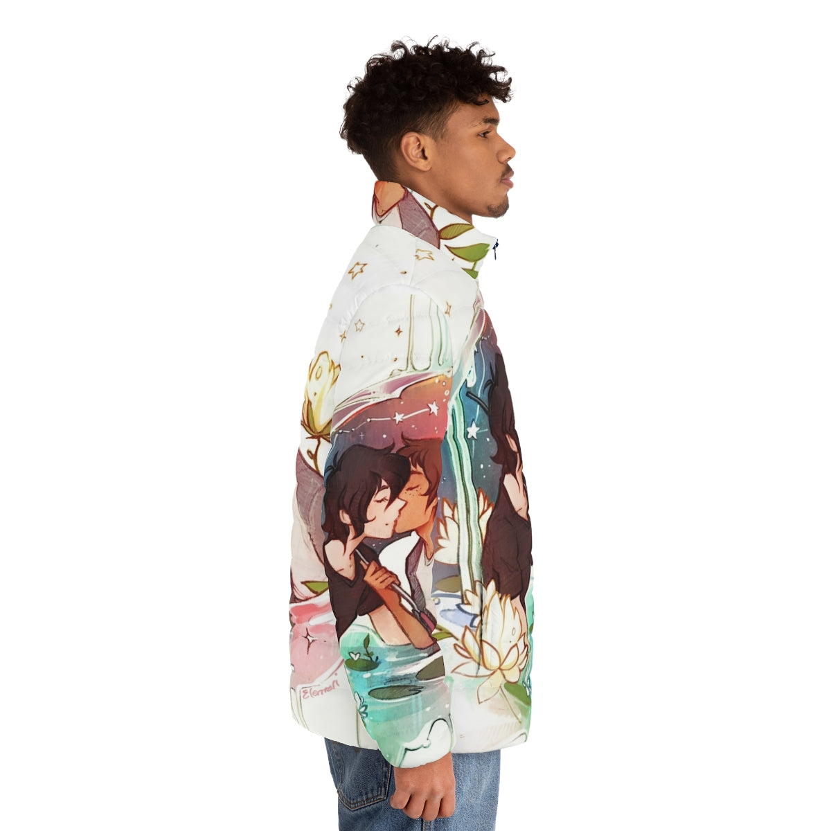 Voltron-themed puffer jacket with focus on Klance characters Keith and Lance - men side right