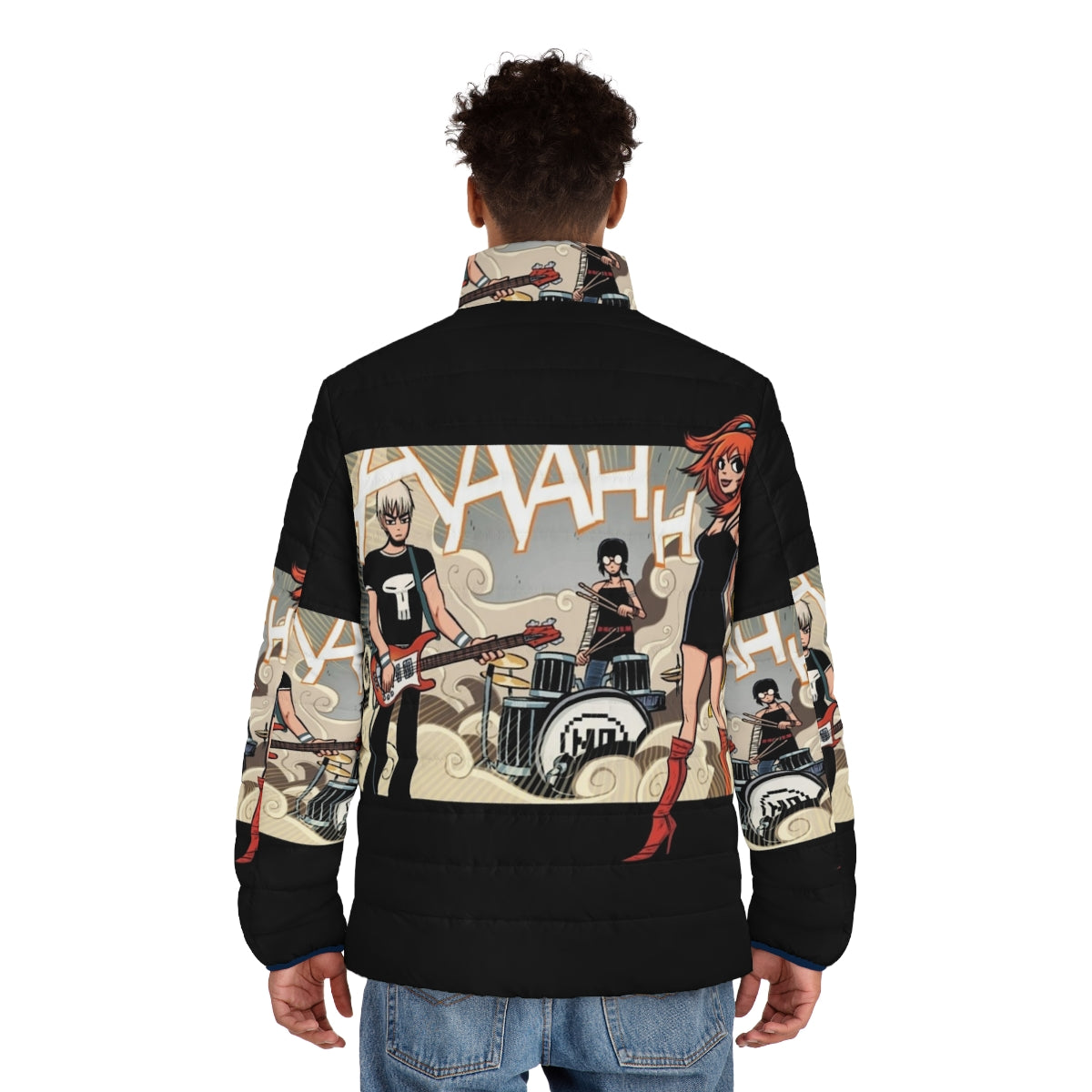 The Clash At Demonhead vegan puffer jacket, featuring retro 80s indie rock band design - men back