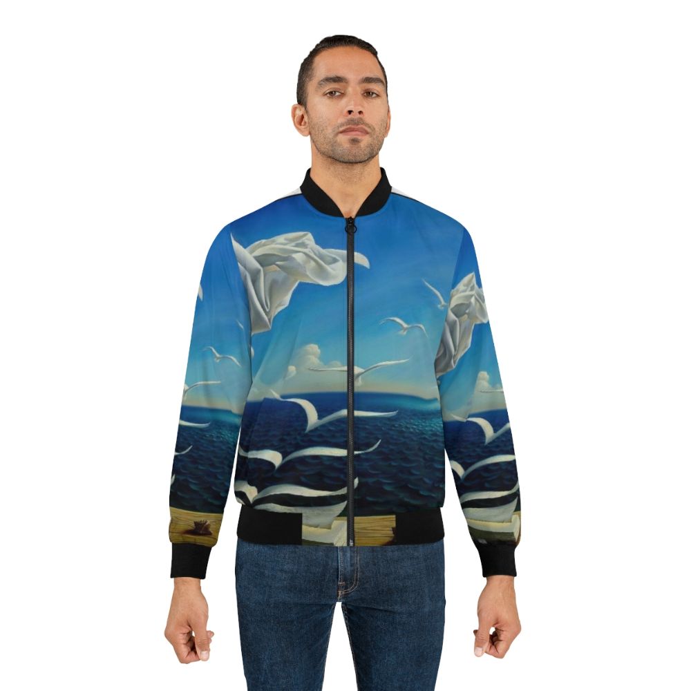 Vintage fantasy surreal print bomber jacket featuring book pages, birds, and sun imagery - Lifestyle