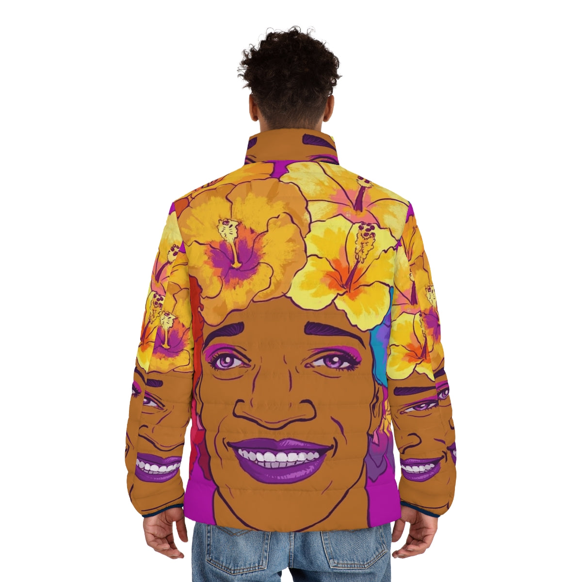 Marsha Johnson Tribute Puffer Jacket featuring a colorful floral design and crown motif - men back