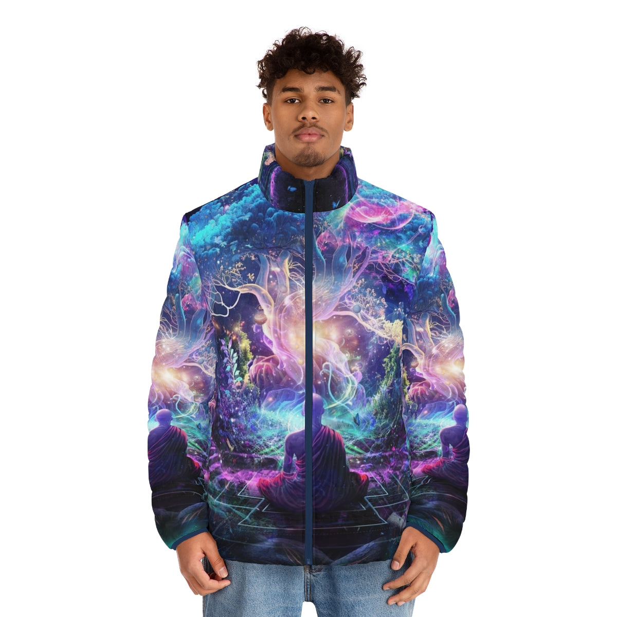 Midnight Garden Puffer Jacket featuring cosmic and spiritual design elements - men front