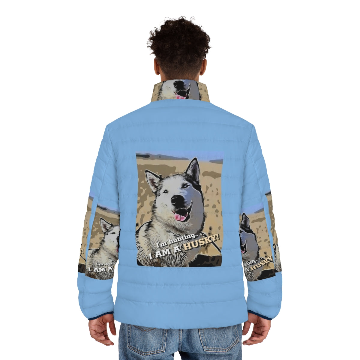 Siberian Husky wearing a stylish puffer jacket - men back