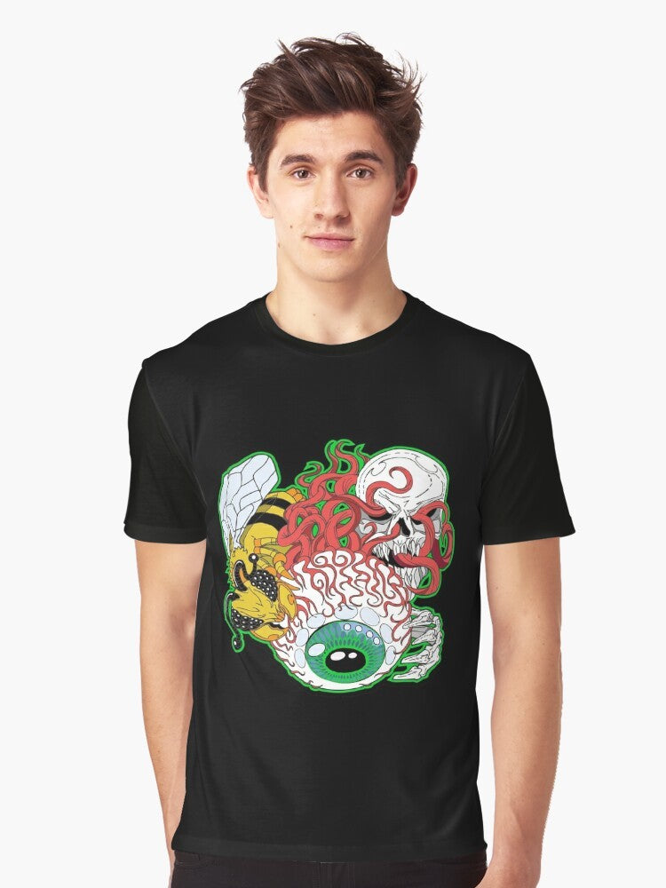 Terraria Eye of Cthulhu graphic t-shirt featuring a skull, skeleton, and bee design - Men