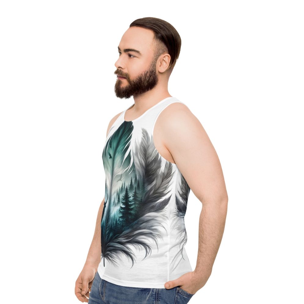 Unisex forest feather tank top with nature inspired design - men side