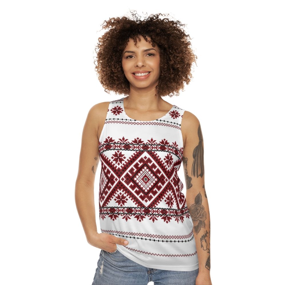 Unisex tank top with traditional Romanian geometric motif pattern - women