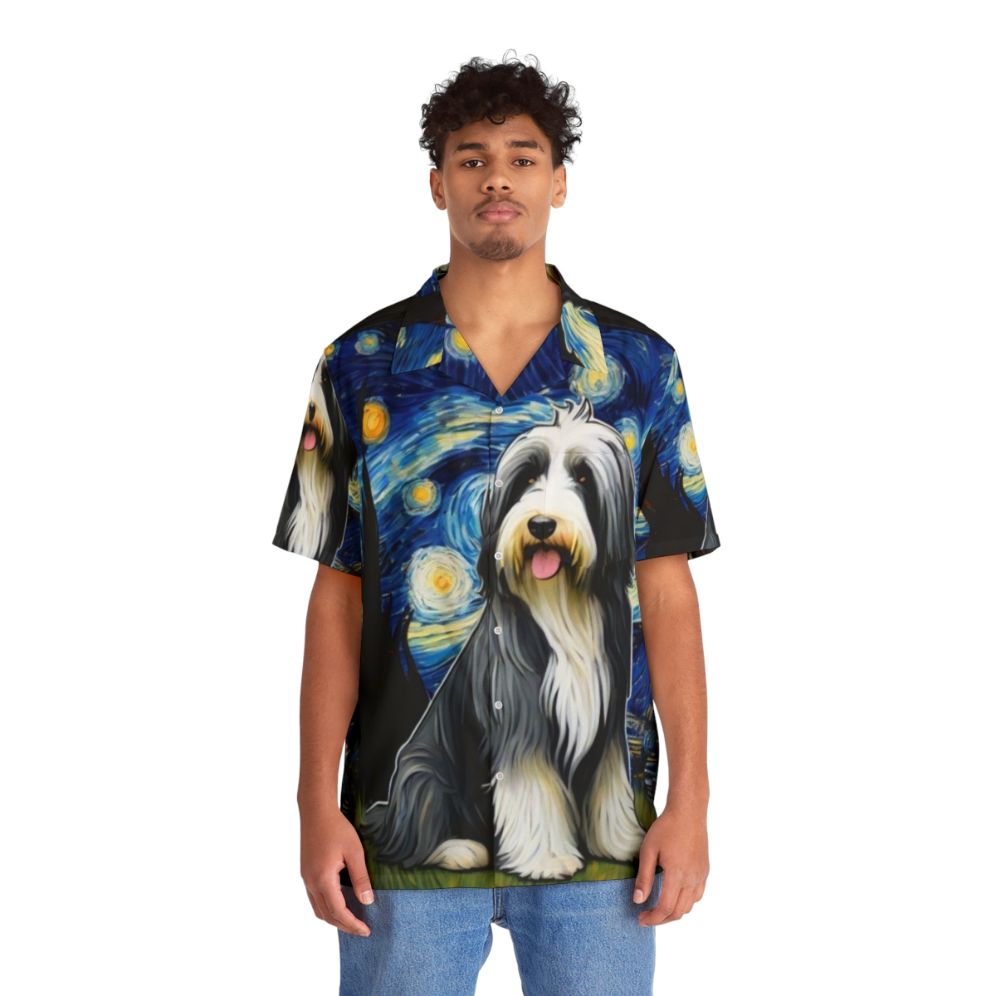 Bearded collie wearing a Hawaiian shirt with a starry night design - People Front