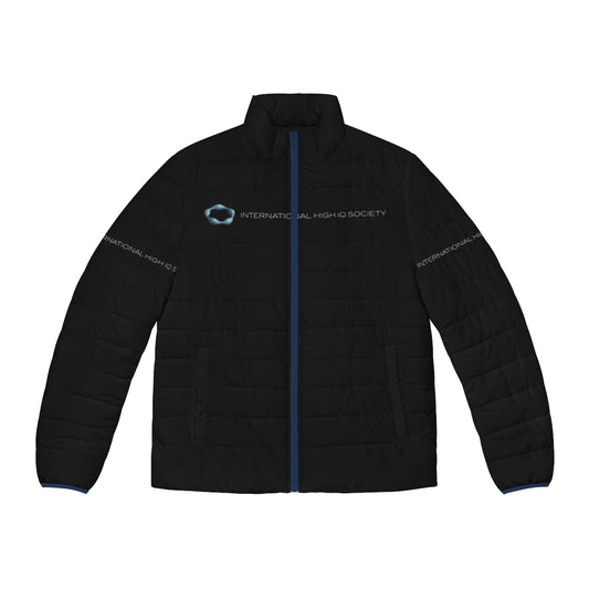 Black puffer jacket with International High IQ Society logo for intelligent and gifted individuals