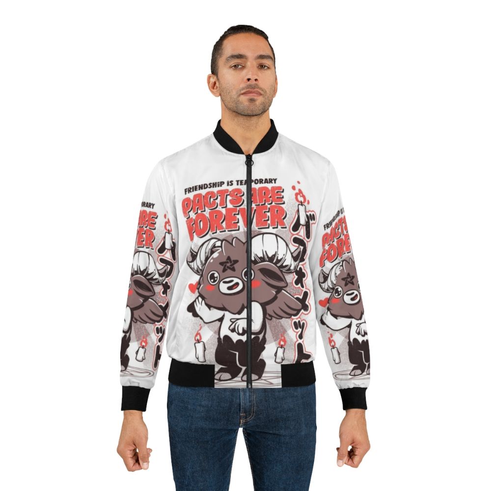 Retro horror-themed bomber jacket with baphomet, demon, and devil imagery - Lifestyle