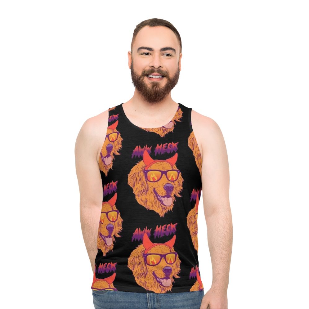 Golden retriever puppy wearing sunglasses and devil horns on a retro-style tank top - men