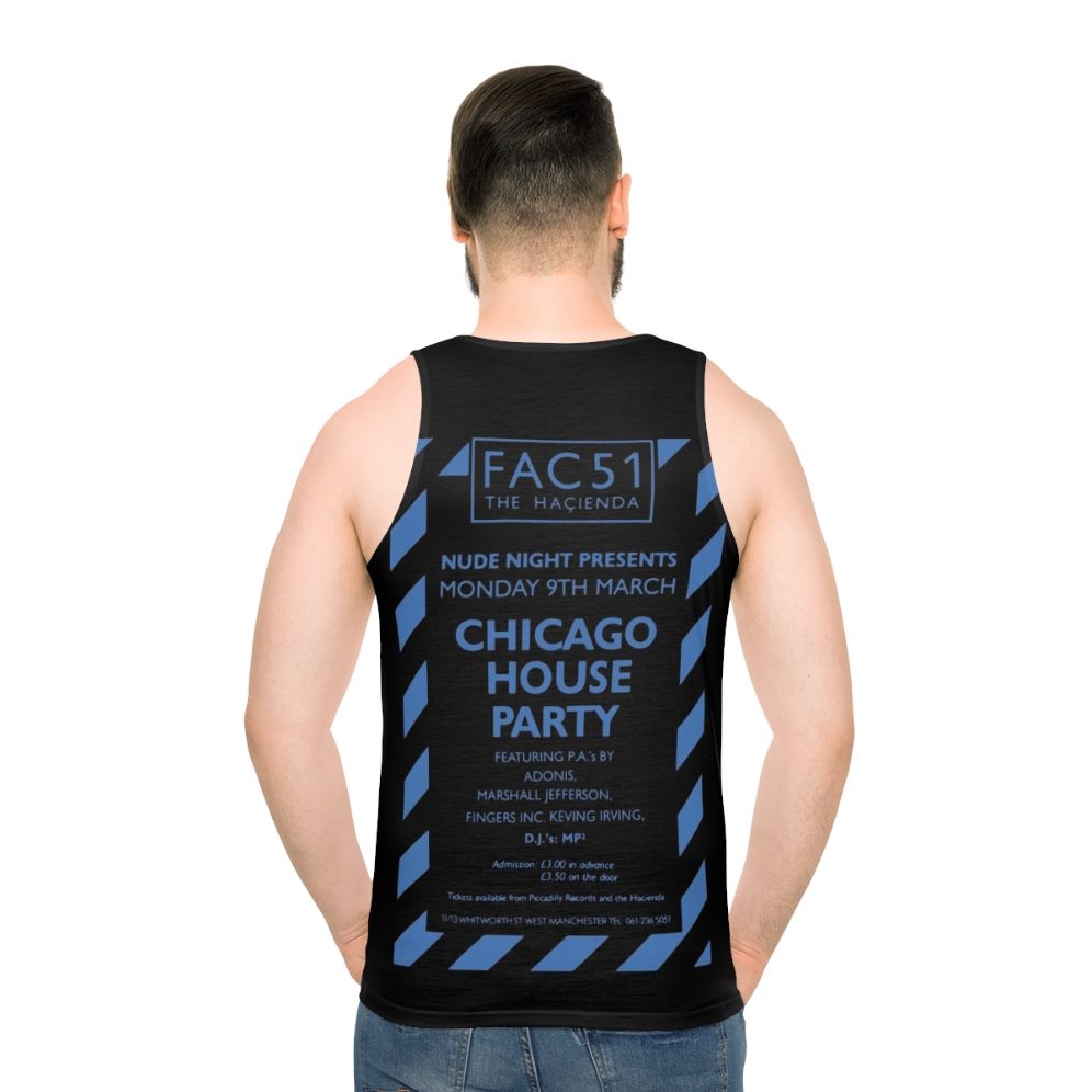 Unisex tank top featuring the iconic Hacienda club from the Chicago house music scene in 1987 - men back