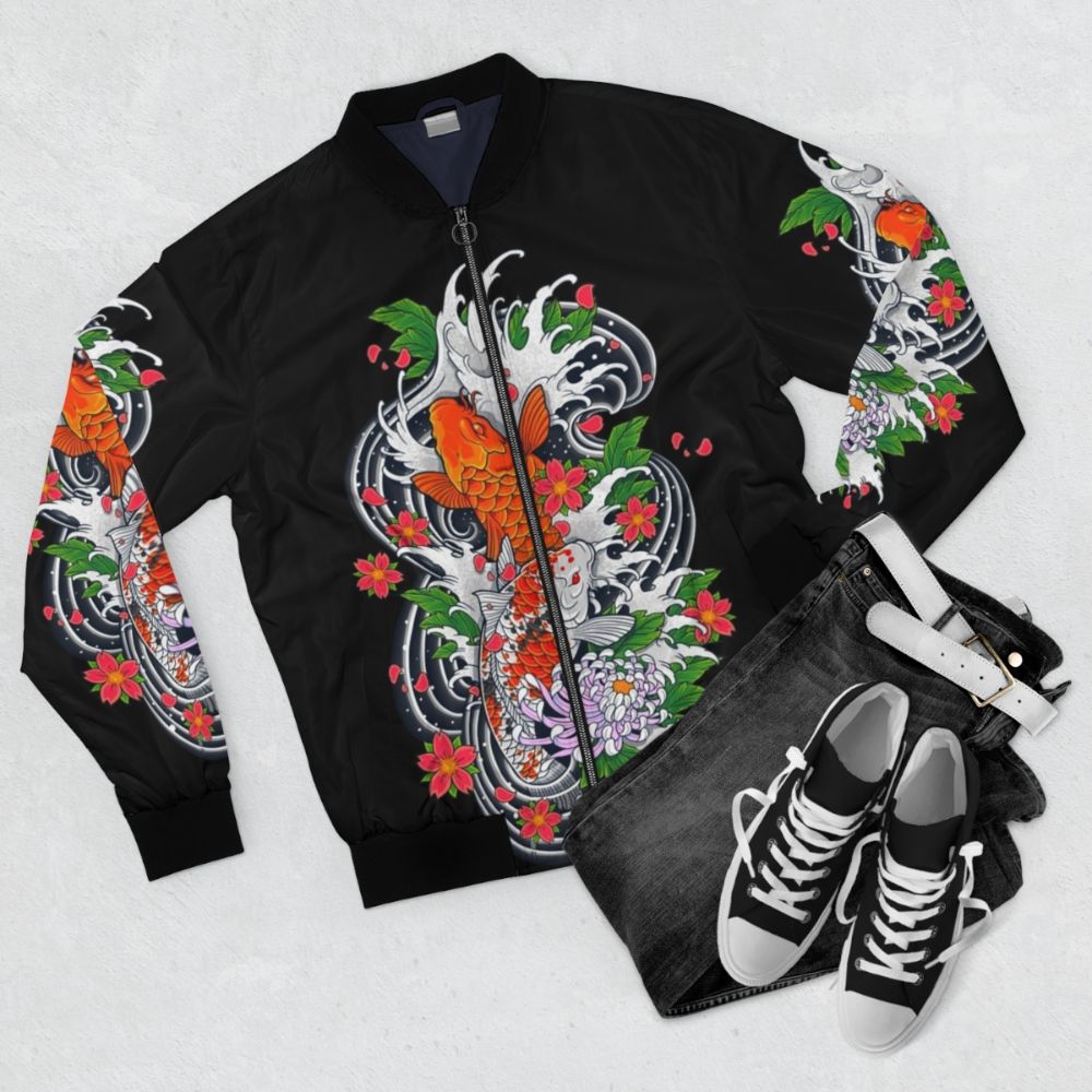 Koi fish bomber jacket with Japanese-inspired design - Flat lay