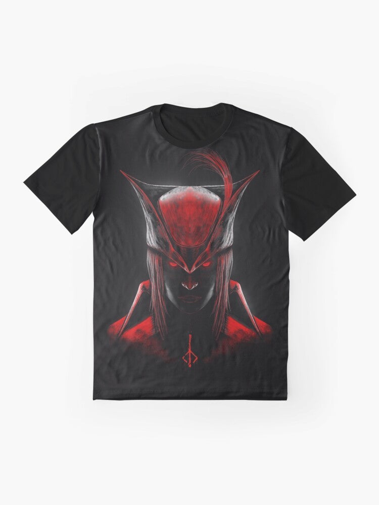 Bloodborne-inspired gothic-style graphic t-shirt featuring a video game design - Flat lay