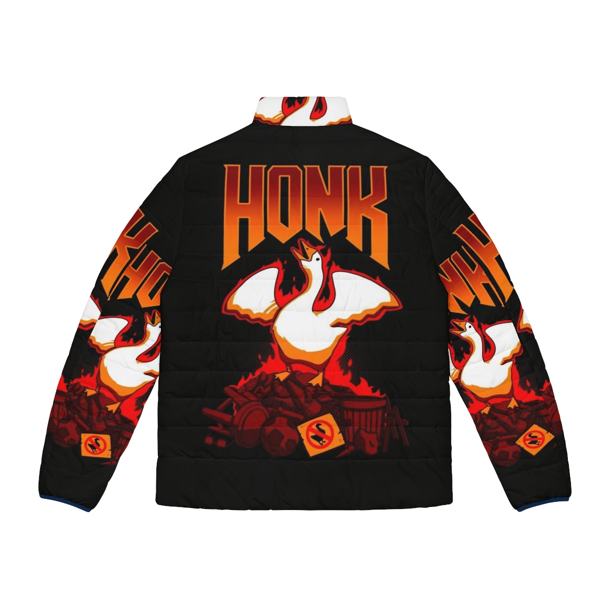 Honk Puffer Jacket featuring a gaming goose graphic for gamers and geeks - Back