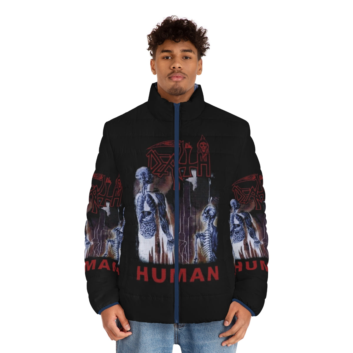 Death Metal Puffer Jacket featuring a bold graphic design - men front