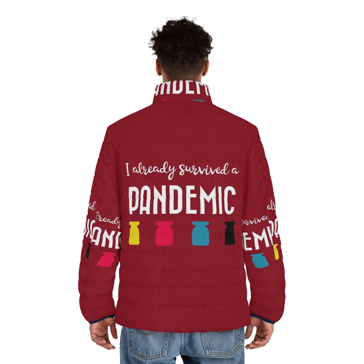 Pandemic Survivor Puffer Jacket with Funny Pandemic-Themed Graphics - men back