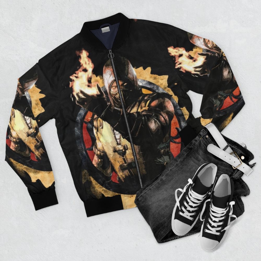 Mortal Kombat Scorpion Bomber Jacket, featuring the iconic Scorpion character from the Mortal Kombat video game franchise. - Flat lay