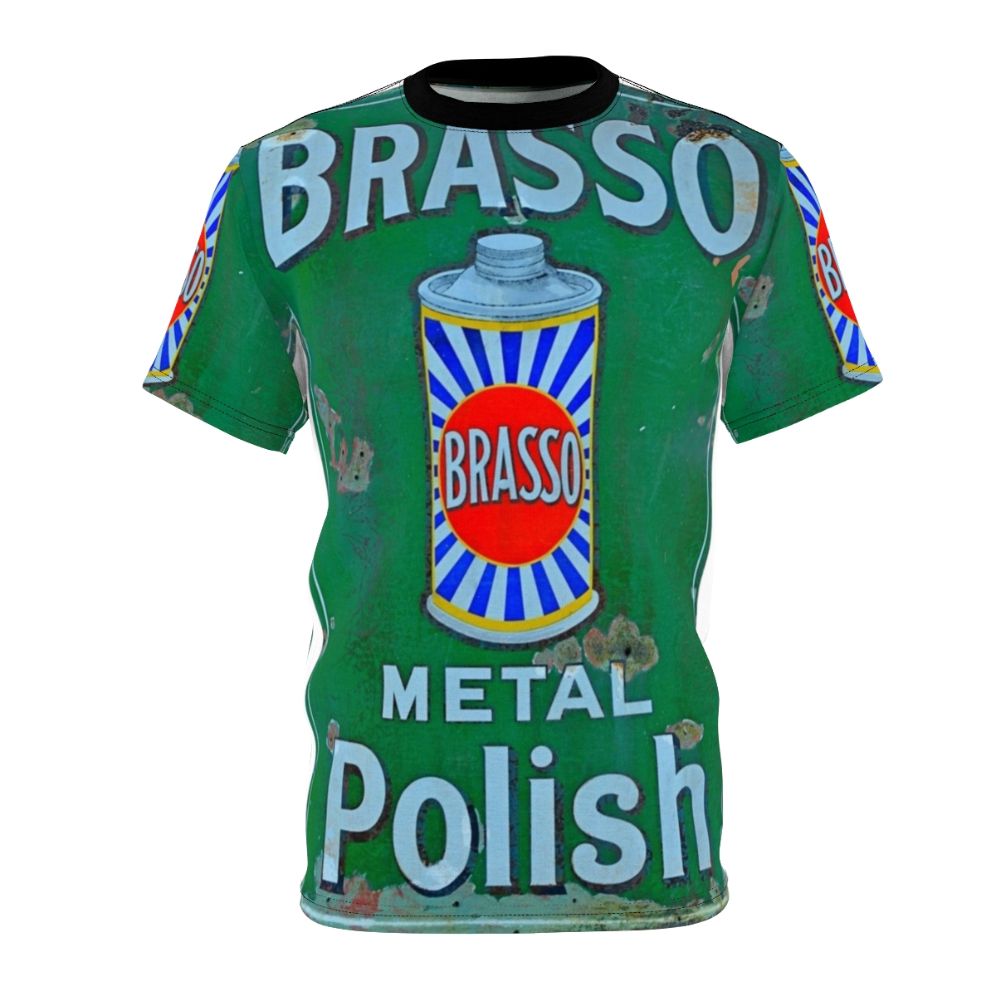 Vintage-inspired Brasso metal sign graphic printed on a t-shirt