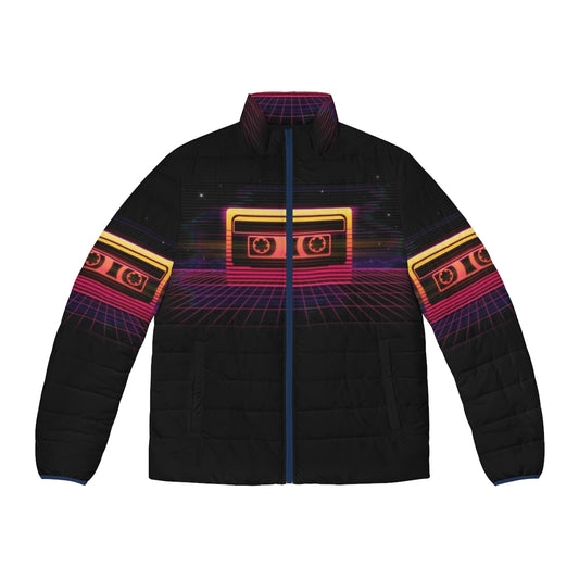 Retro 80s-style sunset cassette puffer jacket with vibrant colors