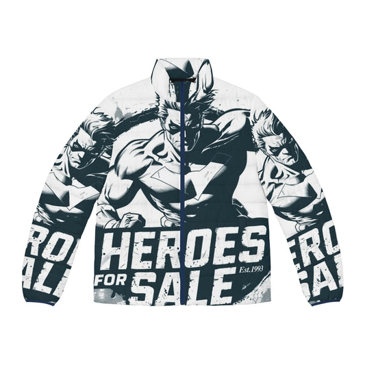 Transparent puffer jacket with classic 90s superhero design