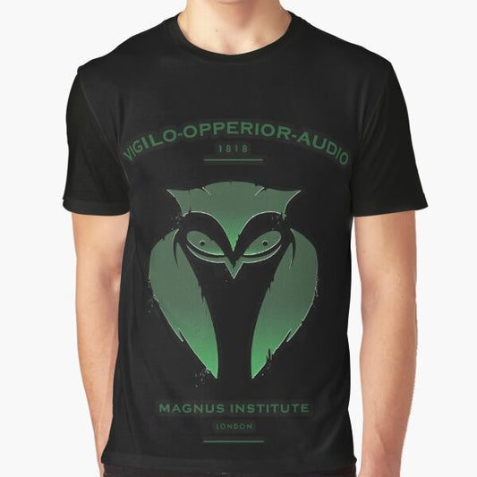 Dark academia-inspired graphic t-shirt featuring a spooky owl emblem with a shield and plaque design