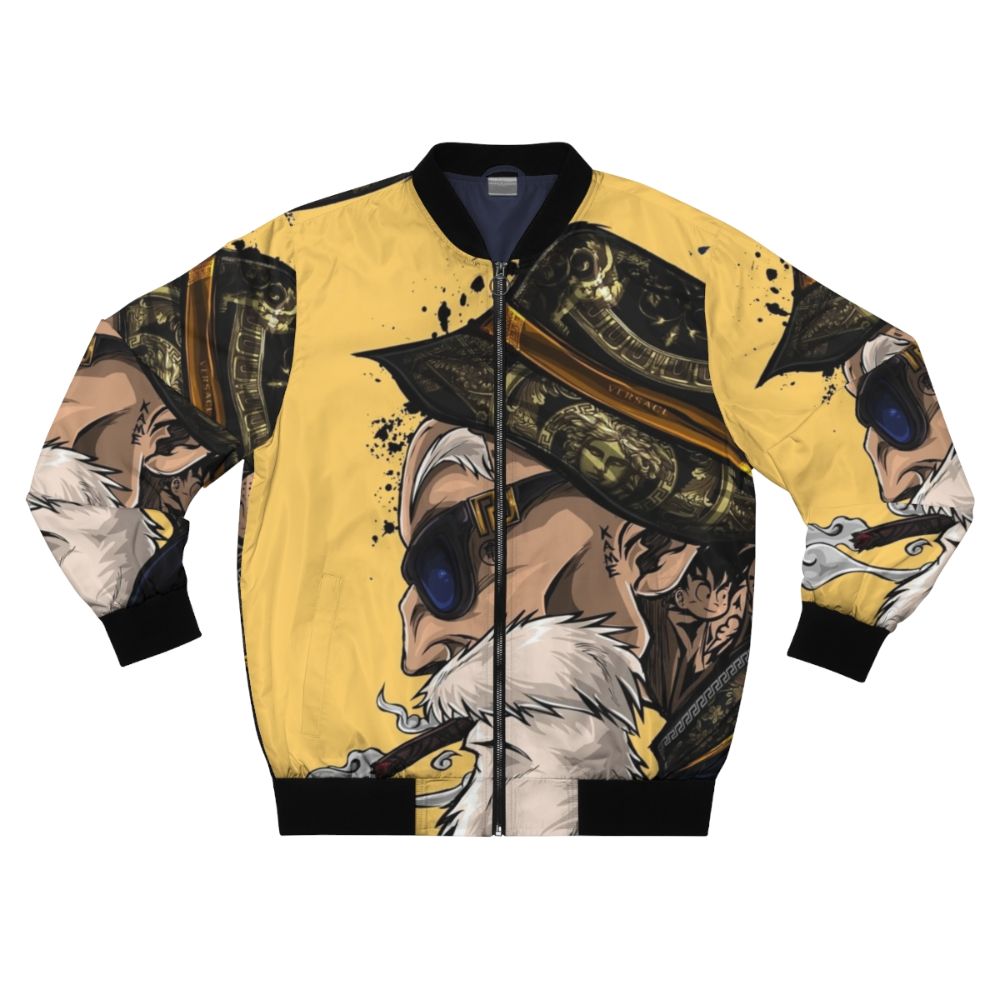 Master Roshi from Dragonball Z anime character graphic on a bomber jacket