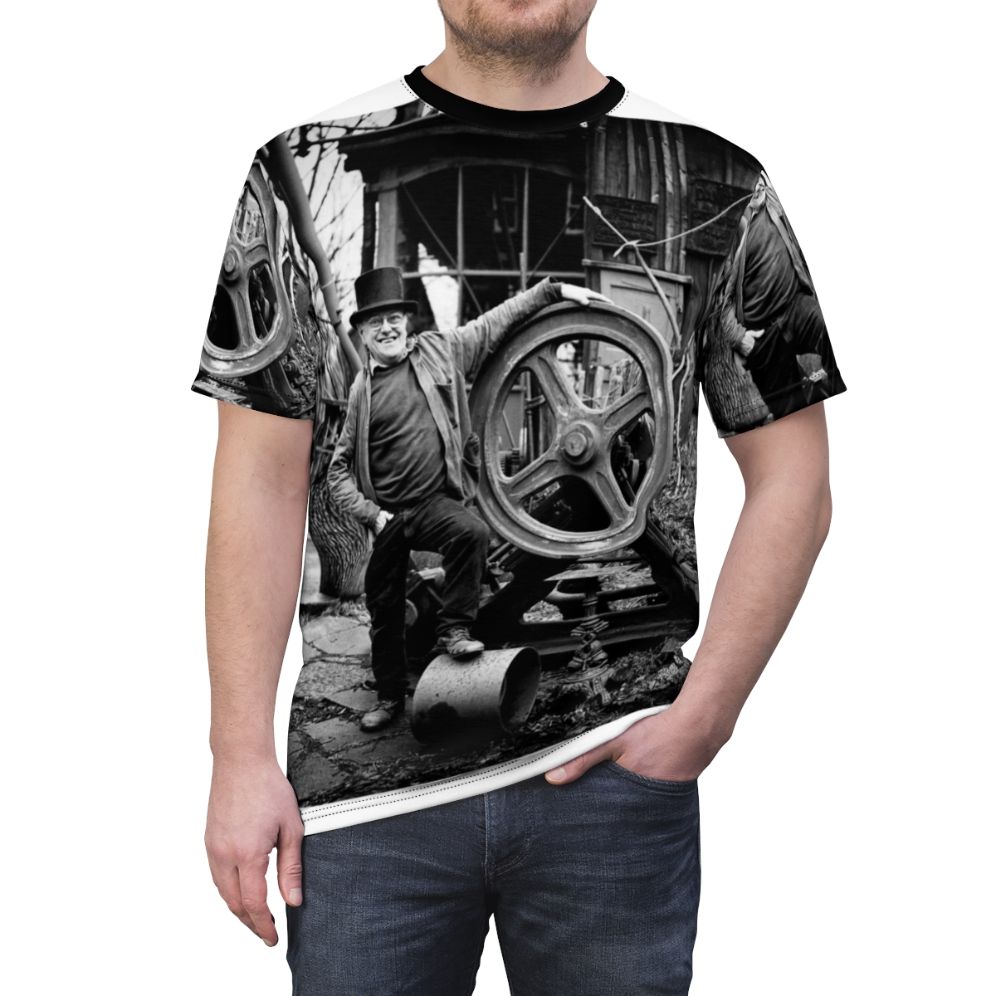 Vintage-style t-shirt with steeplejack, steam, and industrial design elements inspired by the life and work of Fred Dibnah. - men front