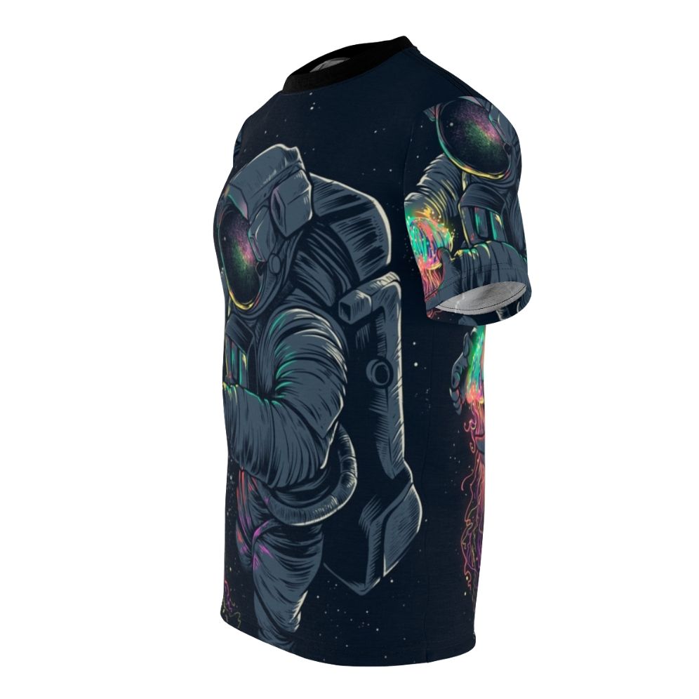 Model wearing a t-shirt featuring a colorful, intergalactic jellyfish design against a starry space backdrop. - men left