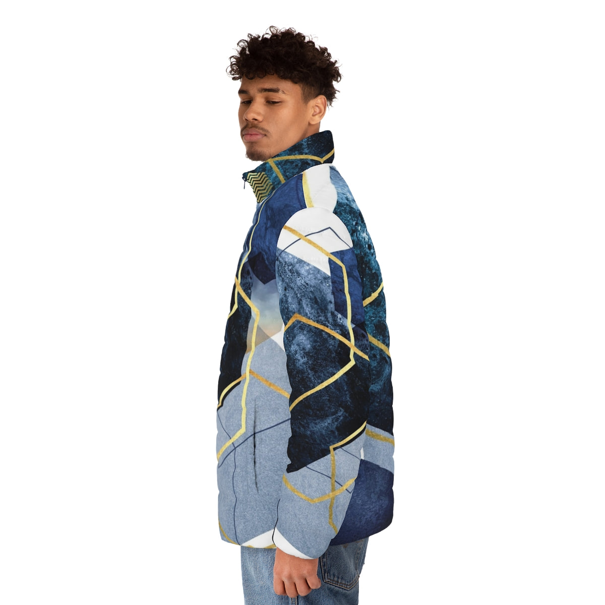 Navy and gold geometric puffer jacket for men - men side left