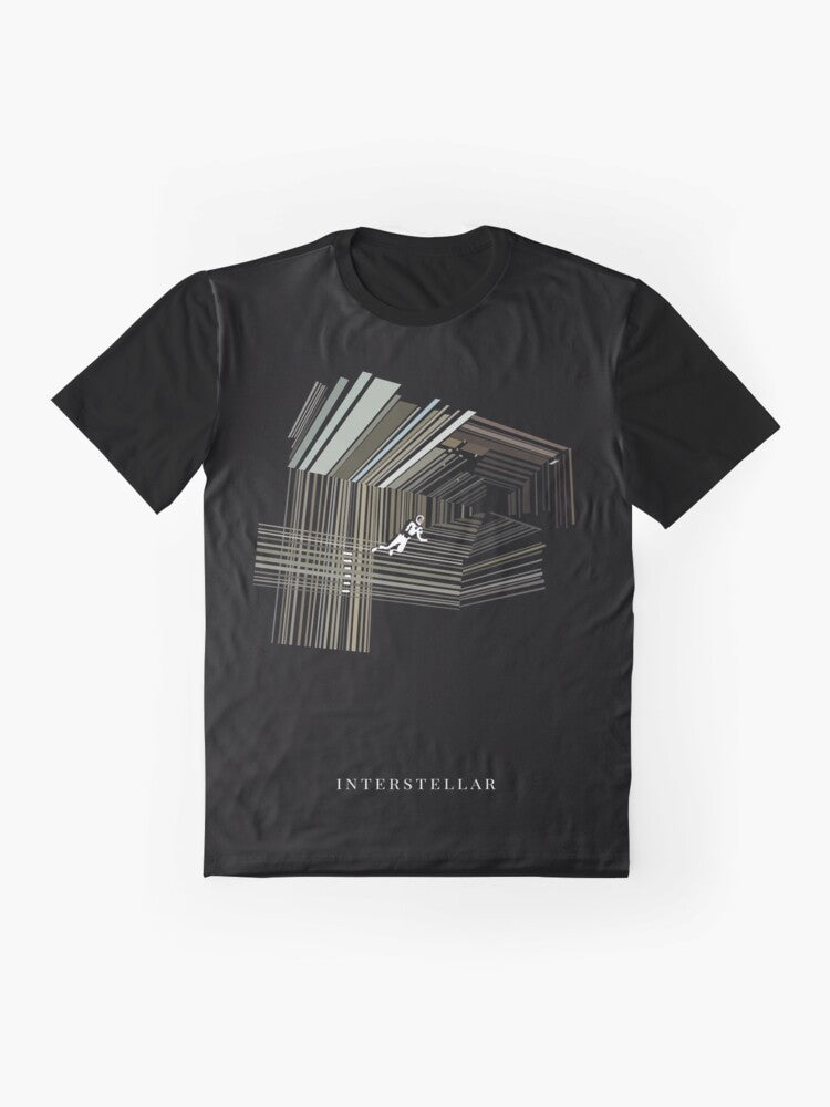 Interstellar Galaxy Graphic T-Shirt featuring a cosmic design with stars, planets, and spacecraft - Flat lay