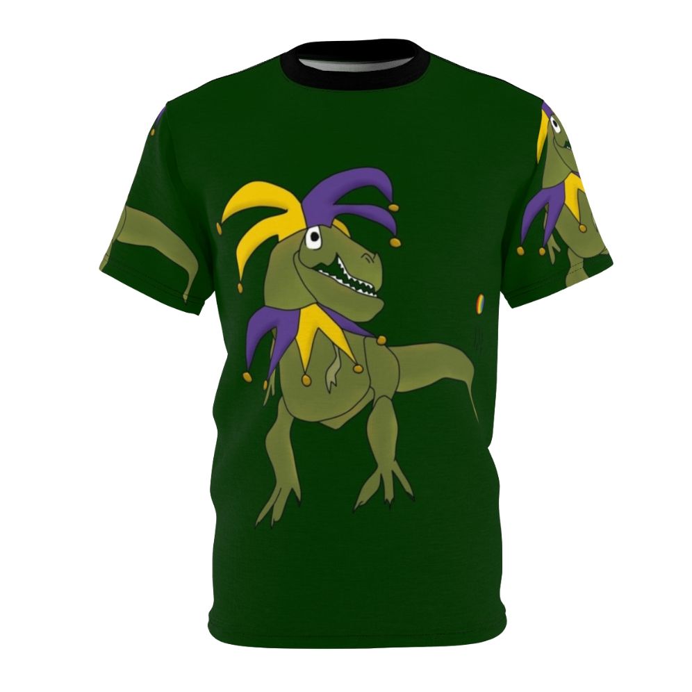 T-Rex wearing a jester costume on a whimsical t-shirt design