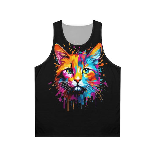 Vibrant cat splash unisex tank top with colorful animal design