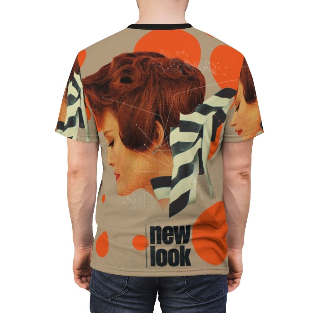 A stylish vintage-inspired geometric pop art aop t-shirt featuring a portrait of a woman with ginger hair. - men back