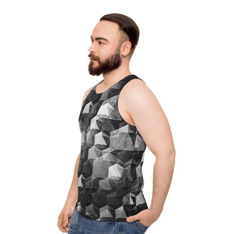 Monochrome geometric unisex tank top with abstract curtain falls design - men side