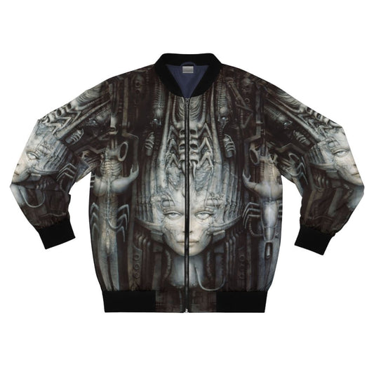 HR Giger-inspired sci-fi horror bomber jacket with alien-themed painting design