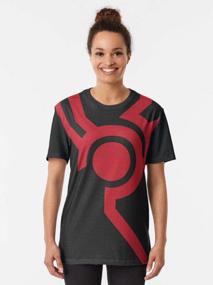 Minimalist techno-inspired t-shirt design featuring a simple dotted pattern and Yugioh 5Ds anime elements - Women